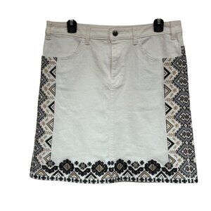Pilcro by Anthropologie Ivory Denim Western Embroidered Knee-Length Skirt Sz 10